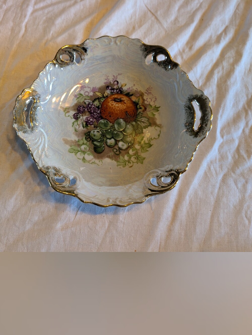RESERVE Vintage White Porcelain Fruit Motif Serving Bowl with Gold Trim